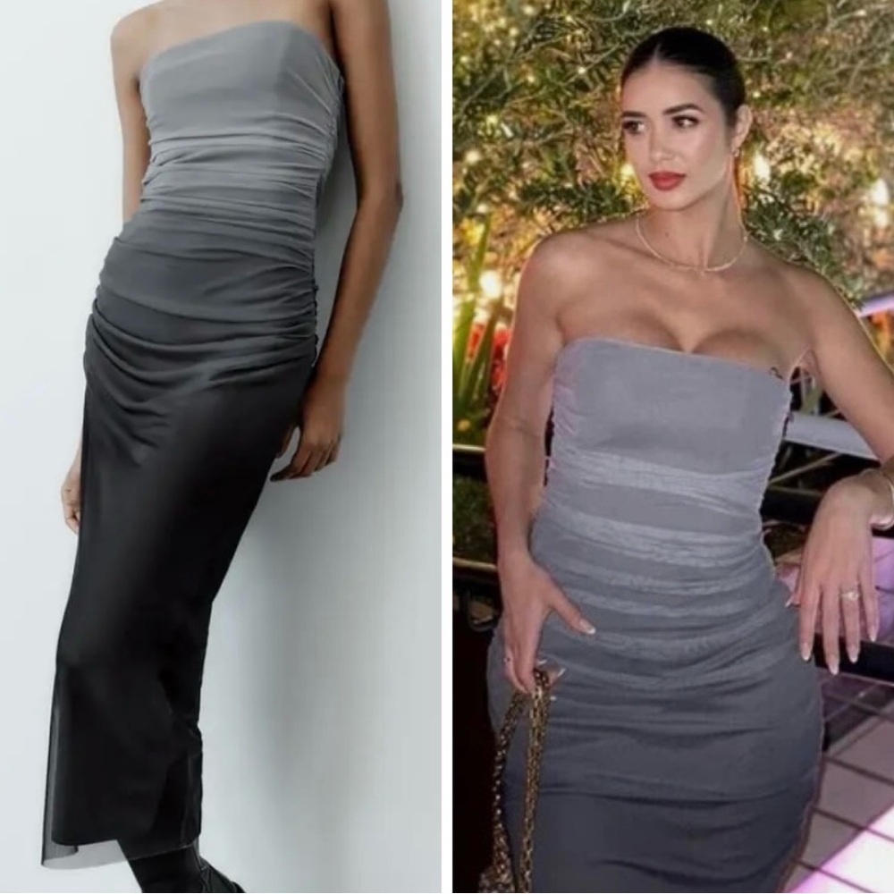 Zara Strapless Printed Tulle Dress In Ombré Grey Size Small 4661/200